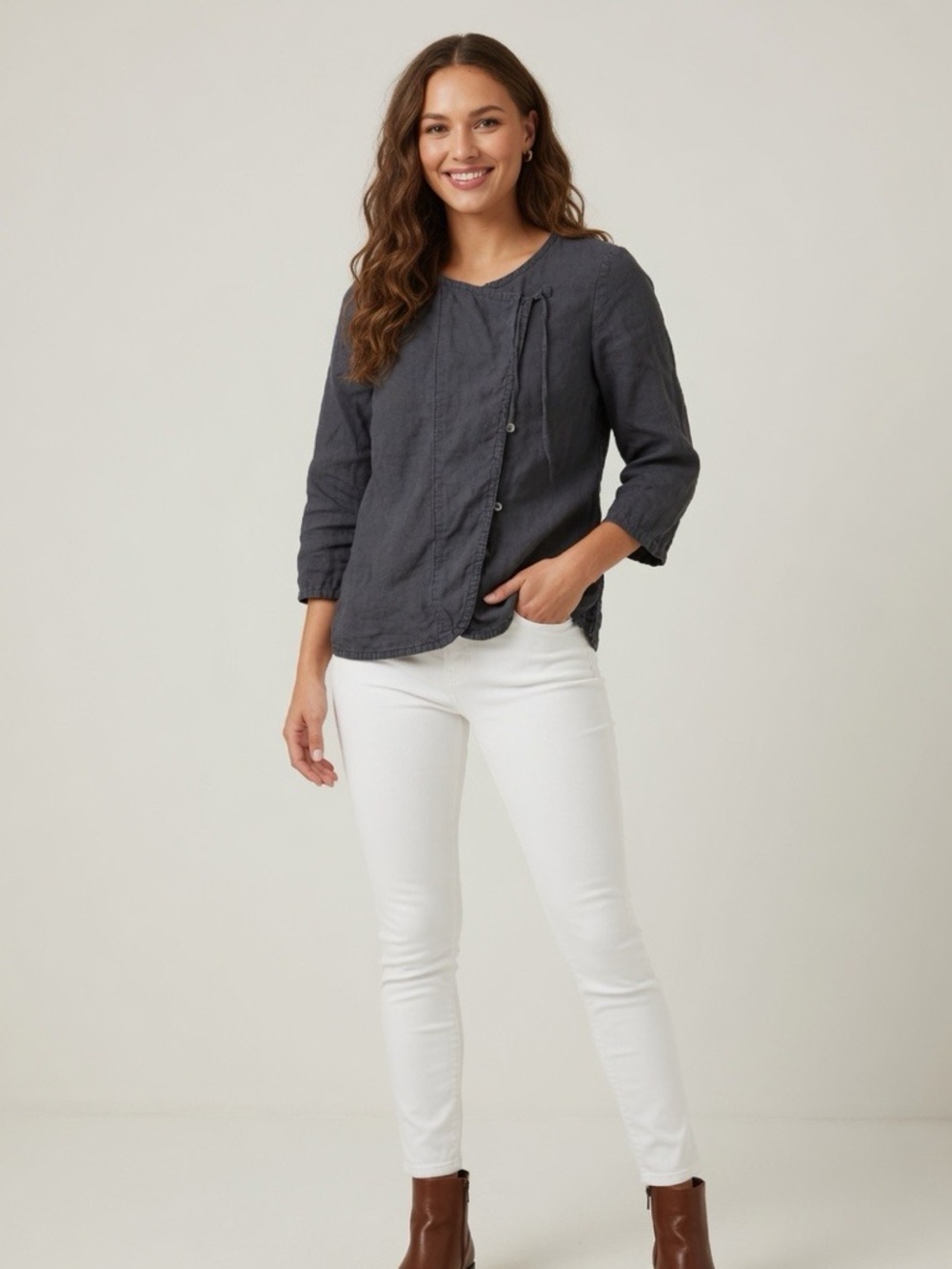 Poetry Women’s Charcoal Gray Lightweight 100% Linen Cross Top Size 4
